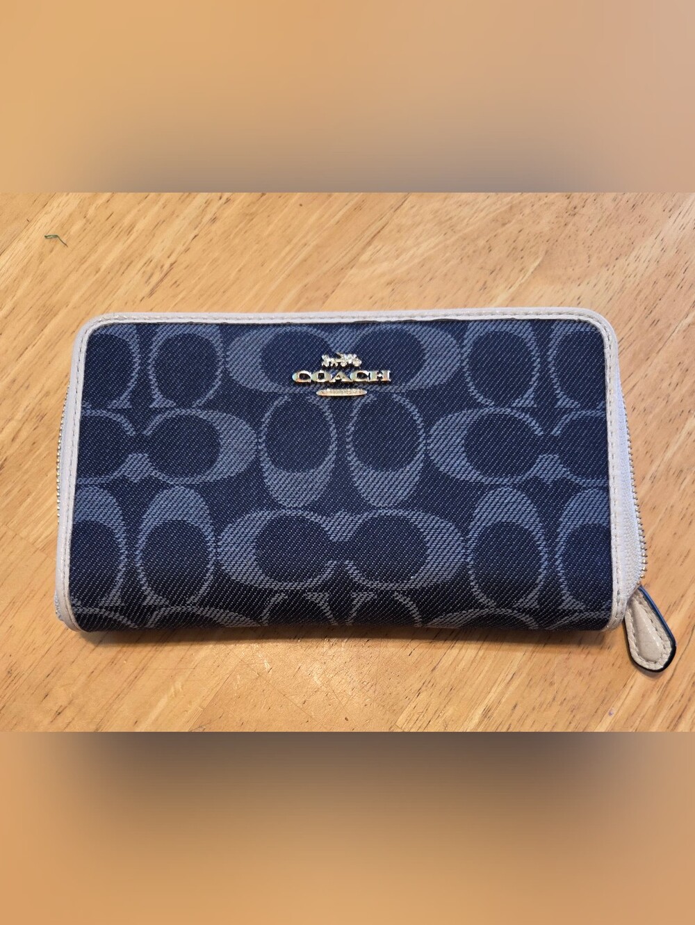 Coach Signature Zip Wallet in Navy and Light Cream Trim